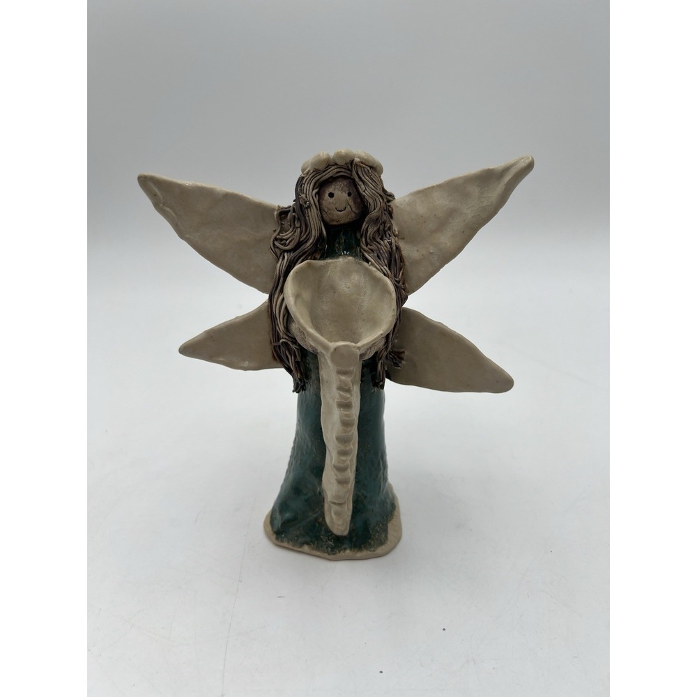 Signed Handmade Pottery Fairy Angel Figurine Shell Bowl Folk Art 7"
